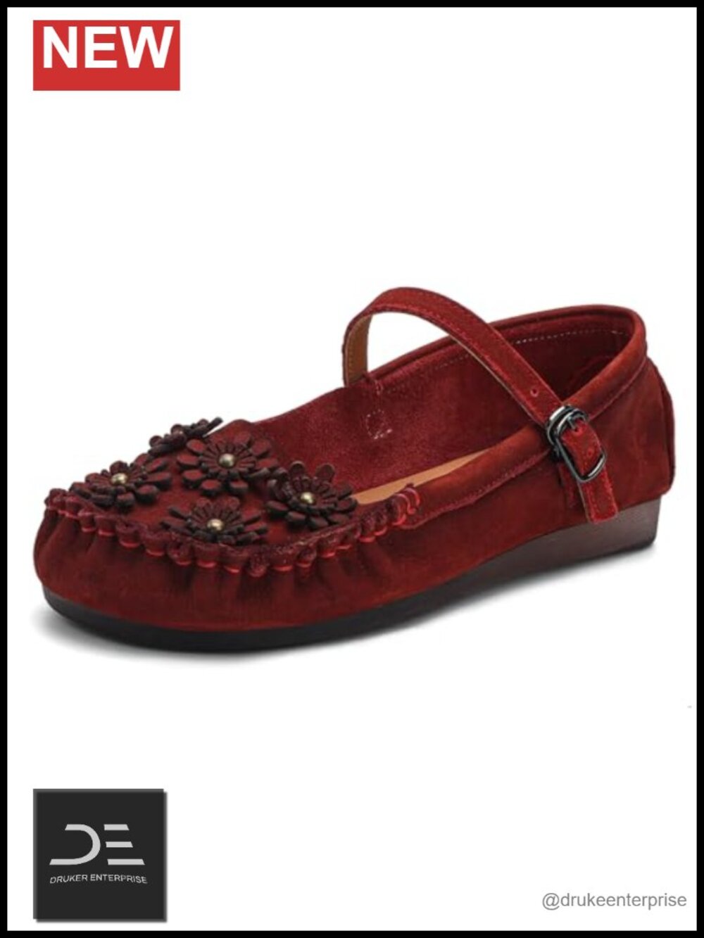 Women's Mary Jane Shoes Buckle Floral Leather Flats Non-Slip Casual Dress Shoes
